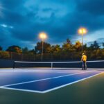 A photograph of a well-lit tennis court at dusk