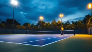 A photograph of a well-lit tennis court at dusk