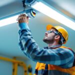 A photograph of a skilled lighting contractor carefully removing a fluorescent light fixture from a ceiling