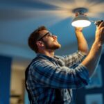 A photograph of a skilled lighting contractor meticulously installing a stylish light fixture in a modern home setting