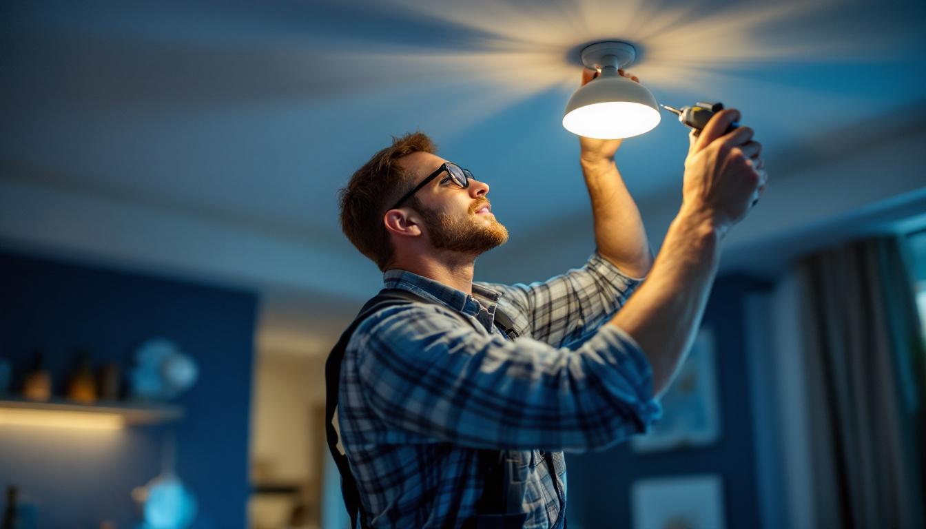 A photograph of a skilled lighting contractor meticulously installing a stylish light fixture in a modern home setting