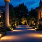 A photograph of a beautifully illuminated outdoor space featuring led up lighting that highlights architectural features and creates an inviting atmosphere