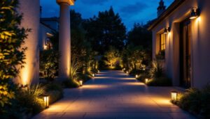 A photograph of a beautifully illuminated outdoor space featuring led up lighting that highlights architectural features and creates an inviting atmosphere