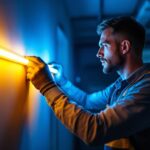 A photograph of a lighting contractor expertly installing vibrant 16 ft led strip lights in a modern interior space