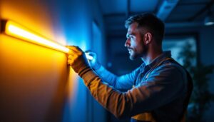 A photograph of a lighting contractor expertly installing vibrant 16 ft led strip lights in a modern interior space