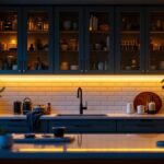A photograph of a well-lit kitchen featuring stylish strip lighting under the cabinets