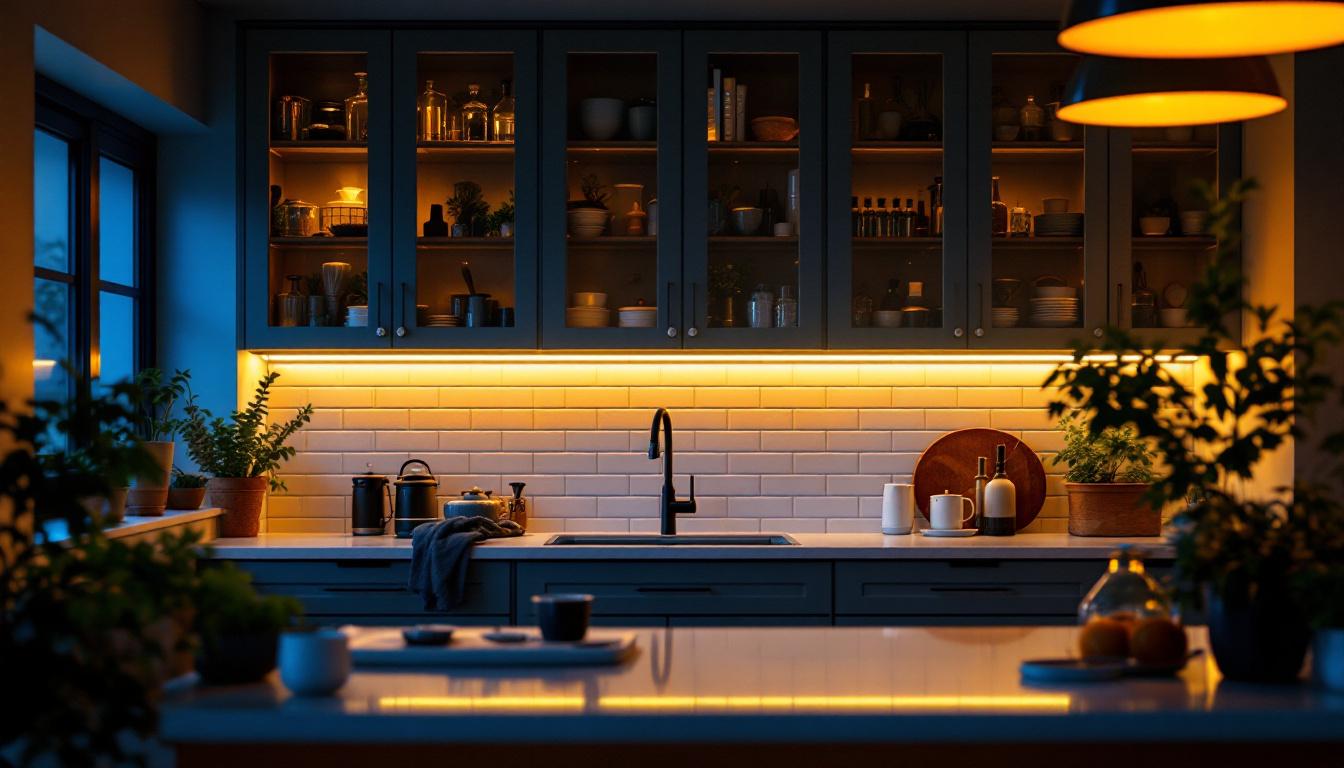 A photograph of a well-lit kitchen featuring stylish strip lighting under the cabinets
