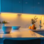 A photograph of a beautifully designed kitchen featuring stylish under-cabinet lighting that highlights the countertops and creates a warm ambiance