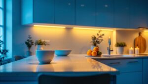 A photograph of a beautifully designed kitchen featuring stylish under-cabinet lighting that highlights the countertops and creates a warm ambiance