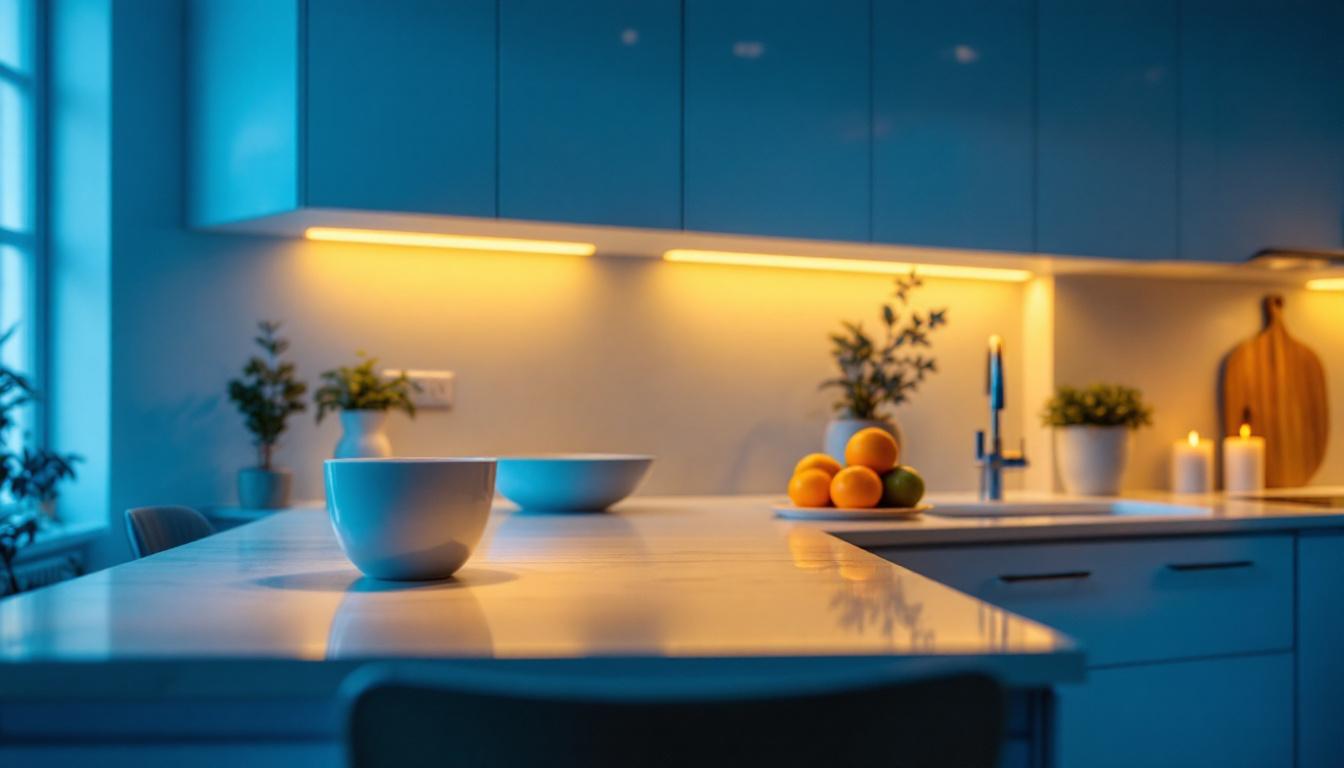A photograph of a beautifully designed kitchen featuring stylish under-cabinet lighting that highlights the countertops and creates a warm ambiance