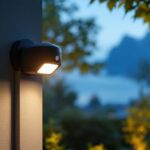 A photograph of a well-installed day-night sensor outdoor light illuminating a beautifully landscaped garden at dusk