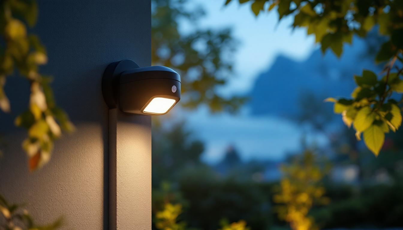 A photograph of a well-installed day-night sensor outdoor light illuminating a beautifully landscaped garden at dusk
