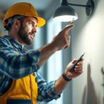 A photograph of a lighting contractor in action