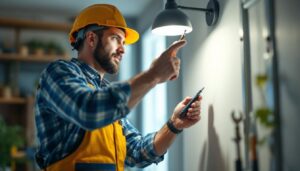 A photograph of a lighting contractor in action