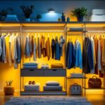 A photograph of a beautifully organized closet featuring a variety of stylish and energy-efficient lighting fixtures