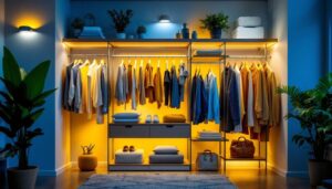 A photograph of a beautifully organized closet featuring a variety of stylish and energy-efficient lighting fixtures