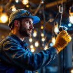 A photograph of a skilled lighting contractor at work