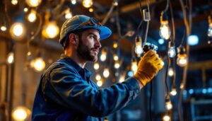 A photograph of a skilled lighting contractor at work