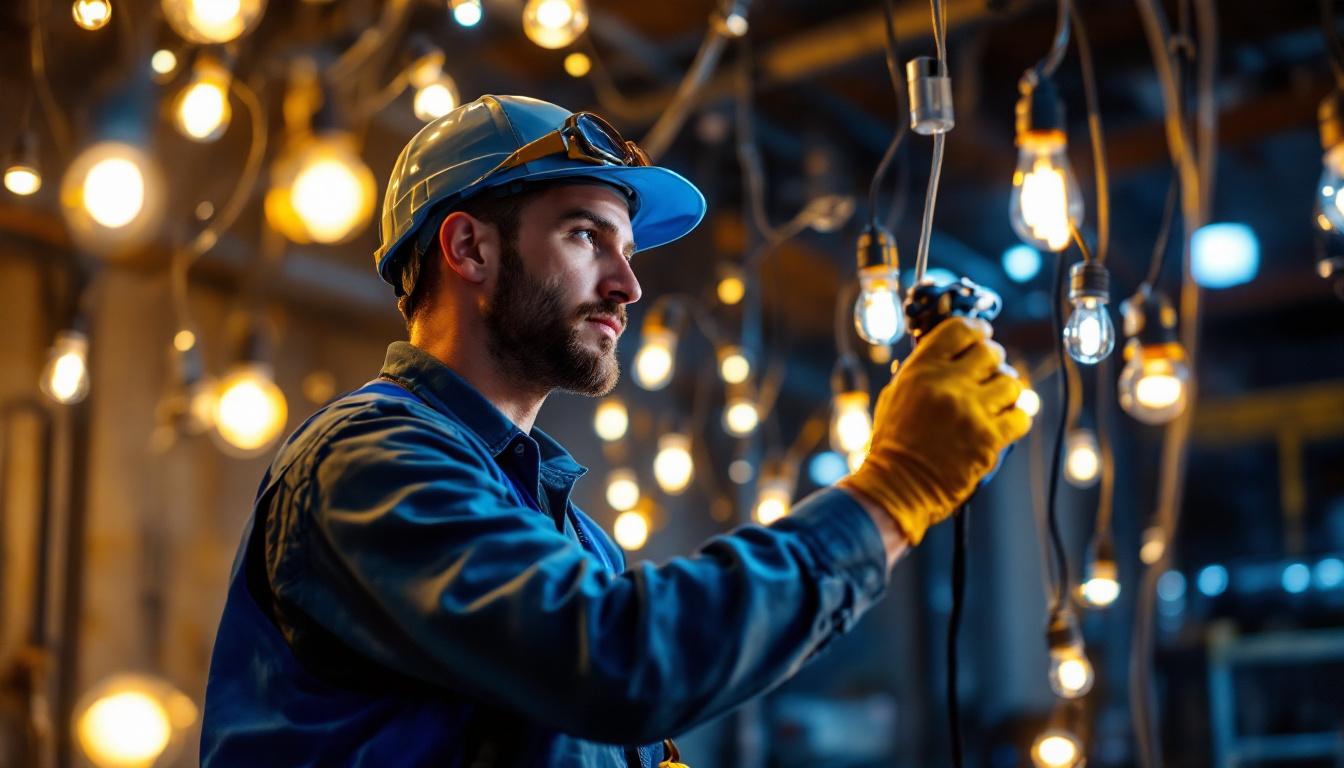 A photograph of a skilled lighting contractor at work