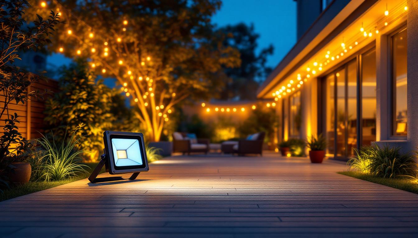 A photograph of a well-lit outdoor space showcasing a 100-watt led flood light in action