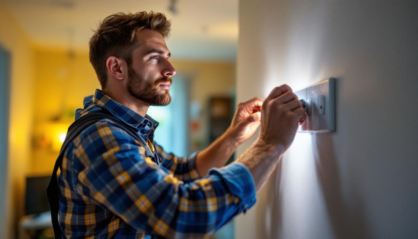 A photograph of a skilled lighting contractor installing a three-way switch in a modern home