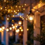 A photograph of a beautifully illuminated exterior setting featuring various styles of hanging lantern lights