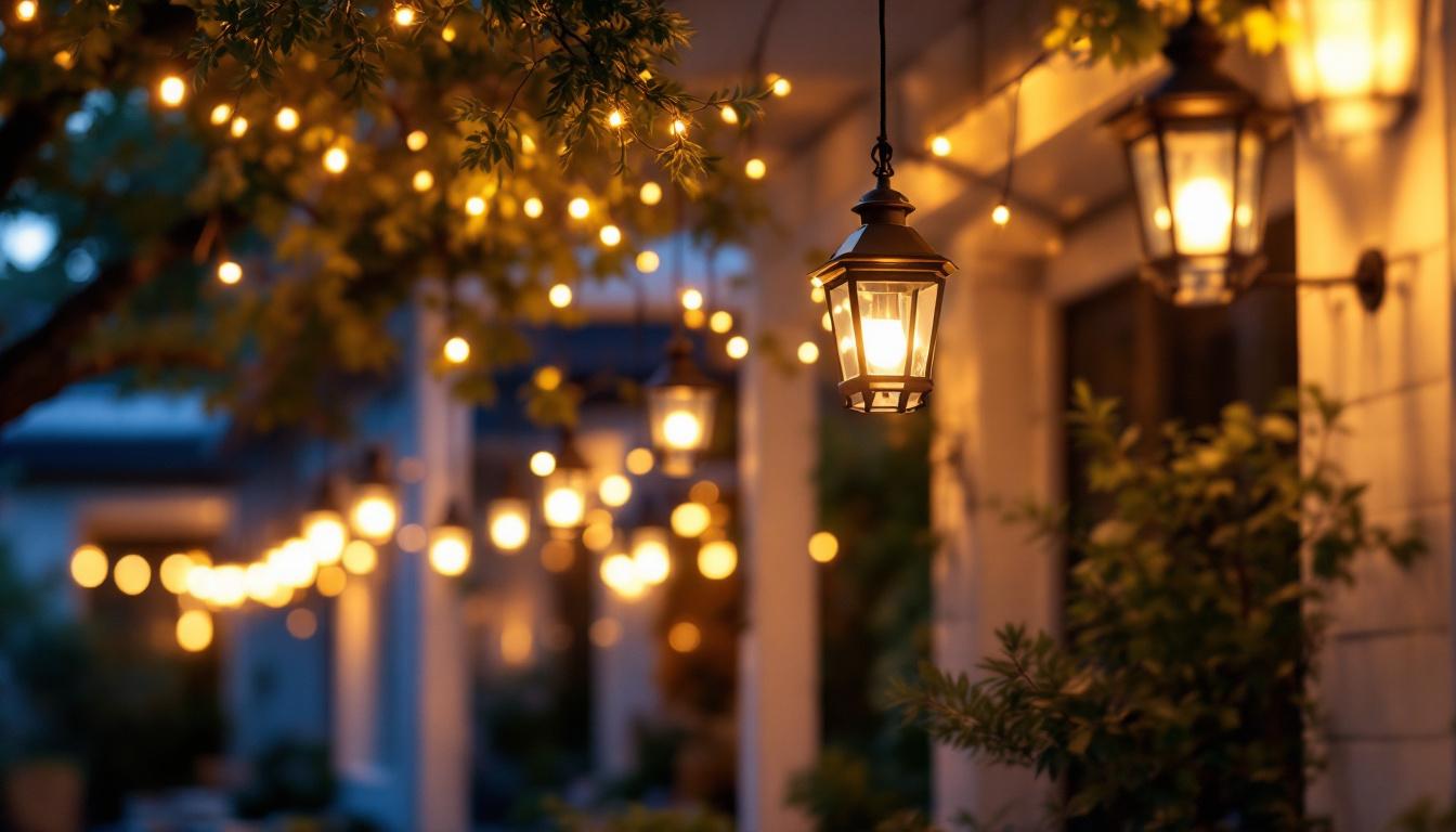 A photograph of a beautifully illuminated exterior setting featuring various styles of hanging lantern lights