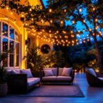 A photograph of a beautifully illuminated patio featuring stylish string lights draped overhead
