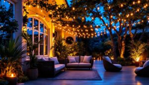 A photograph of a beautifully illuminated patio featuring stylish string lights draped overhead