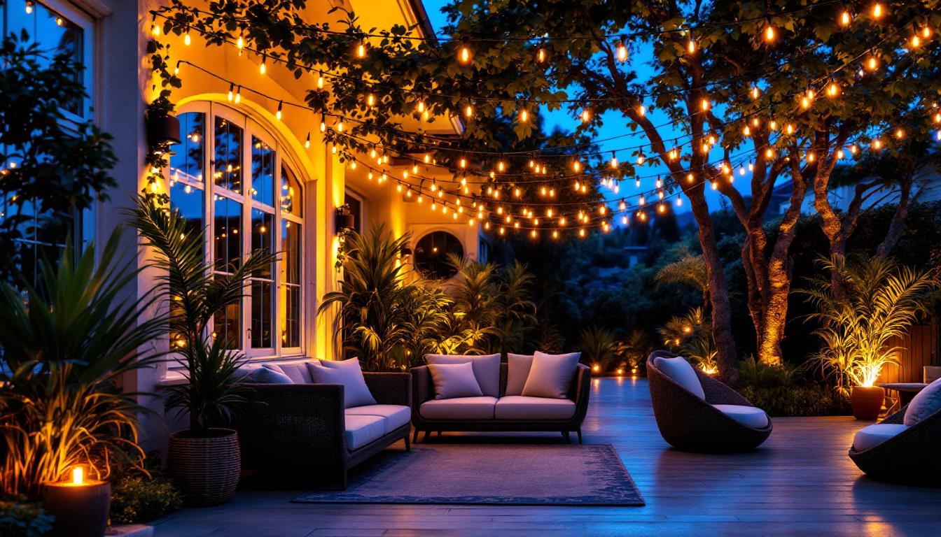 A photograph of a beautifully illuminated patio featuring stylish string lights draped overhead