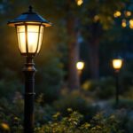 A photograph of a solar lantern mounted on a decorative post in a well-lit outdoor setting