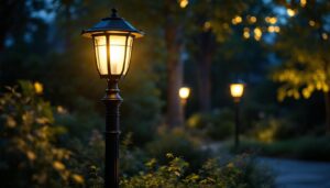A photograph of a solar lantern mounted on a decorative post in a well-lit outdoor setting