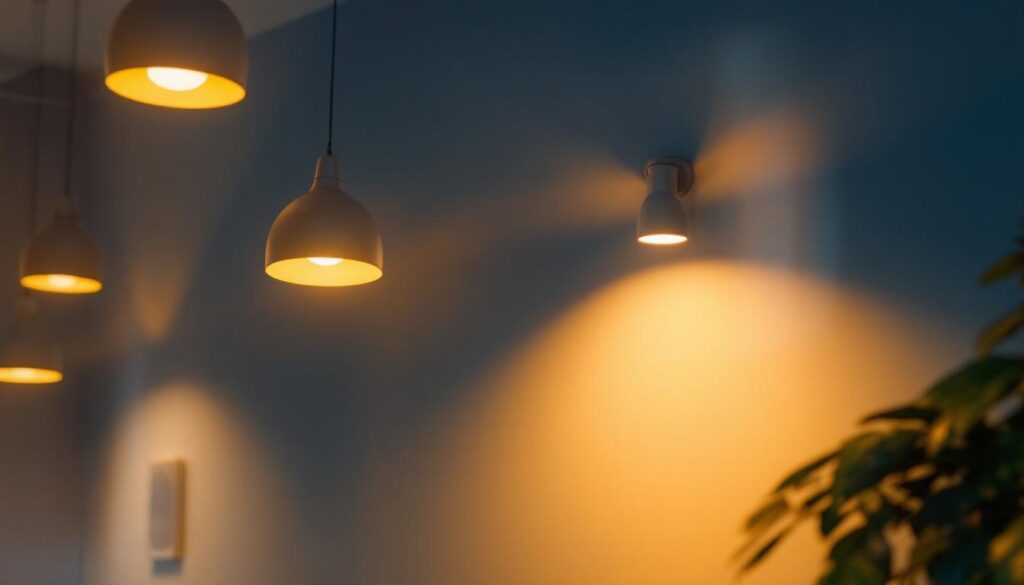 A photograph of a well-lit interior space showcasing various lighting fixtures in use