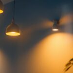 A photograph of a well-lit interior space showcasing various lighting fixtures in use