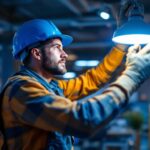 A photograph of a lighting contractor in action
