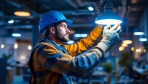 A photograph of a lighting contractor in action