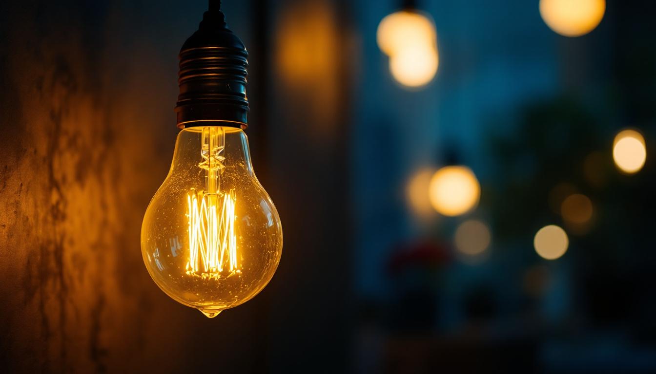 A photograph of a vintage light bulb glowing softly in a dimly lit room
