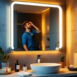 A photograph of a beautifully lit bathroom featuring a stylish led light mirror