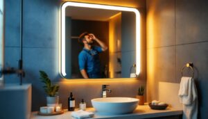 A photograph of a beautifully lit bathroom featuring a stylish led light mirror