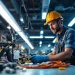 A photograph of a lighting contractor skillfully replacing a t5 led ballast in a commercial setting