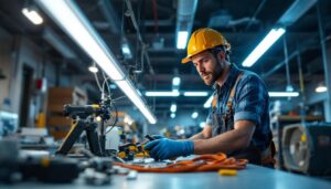 A photograph of a lighting contractor skillfully replacing a t5 led ballast in a commercial setting