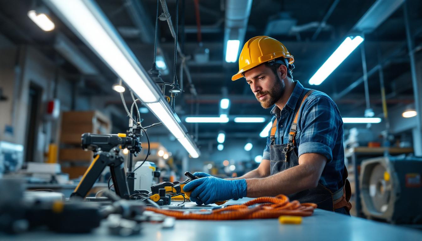 A photograph of a lighting contractor skillfully replacing a t5 led ballast in a commercial setting