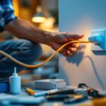 A photograph of a lighting contractor installing a light switch with an integrated plug in a modern home setting