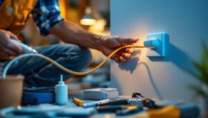 A photograph of a lighting contractor installing a light switch with an integrated plug in a modern home setting