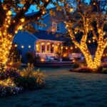 A photograph of a beautifully illuminated yard showcasing a variety of string lights creatively arranged in trees