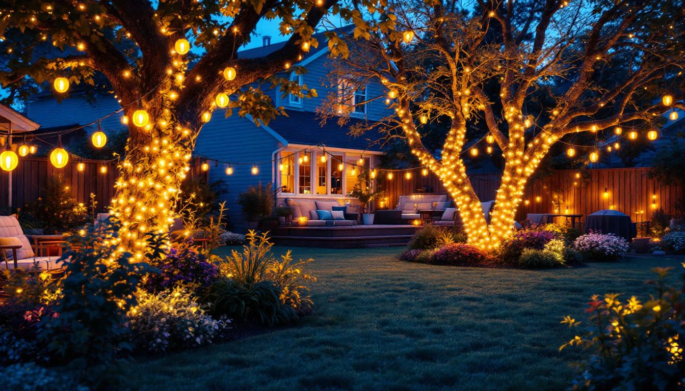 A photograph of a beautifully illuminated yard showcasing a variety of string lights creatively arranged in trees