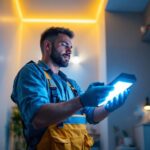 A photograph of a skilled lighting contractor expertly installing led lights in a modern home setting