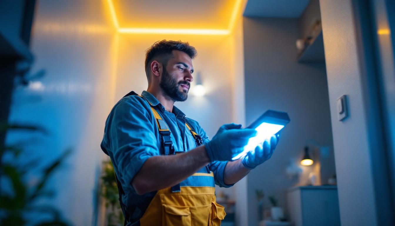 A photograph of a skilled lighting contractor expertly installing led lights in a modern home setting