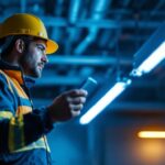 A photograph of a lighting contractor examining a bright