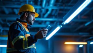 A photograph of a lighting contractor examining a bright